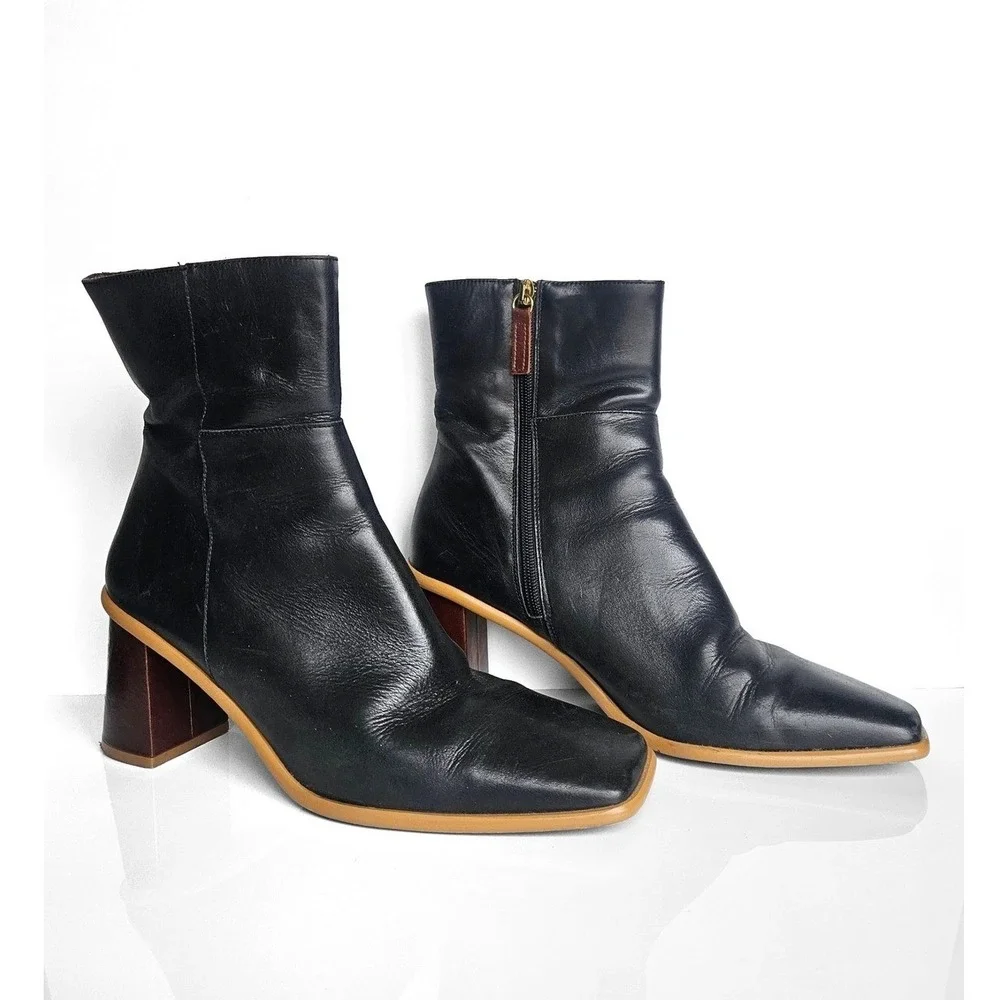 Alohas East Black Leather Square Toe Ankle Boots‎ Wood Block Heel Spain Size 41